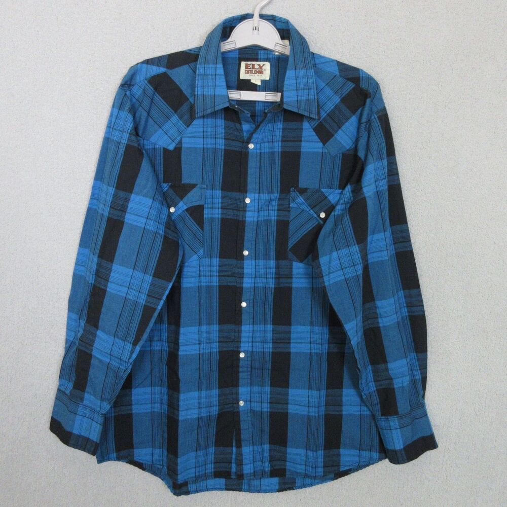 Ely Cattleman Shirt Mens L Pearl Snap Blue Black Plaid Western Long Sleeve